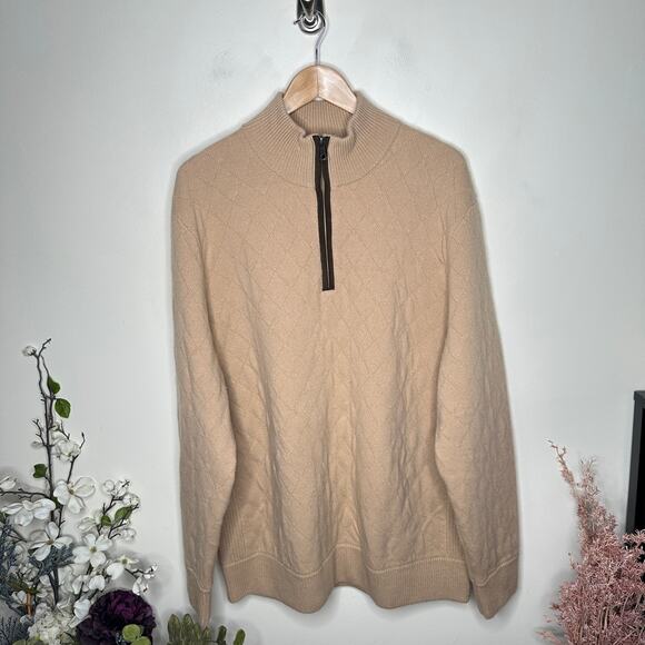 BROOKS BROTHERS Classic Quilted Half Zip Sweater Wool Cashmere Tan Sz XXL {W6} - Picture 3 of 6